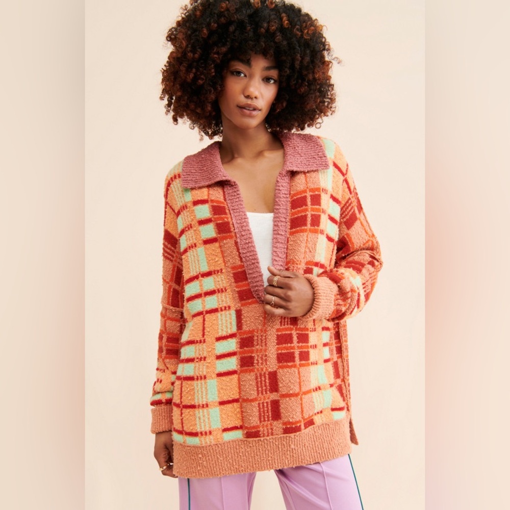 Free people Reuben sweater Orange Red Green Plaid Collar Sweater retro grandma - Picture 2 of 2